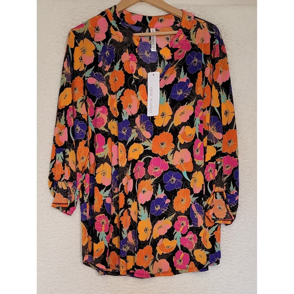 Dear Scarlett Blouse Plus Size 2X V-Neck 3/4 Sleeve Colorful NEW Floral 1265